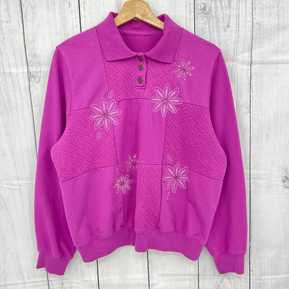 Vintage 80s Pink Floral Beaded Quilted Polo Sweater Womens Large Embellished